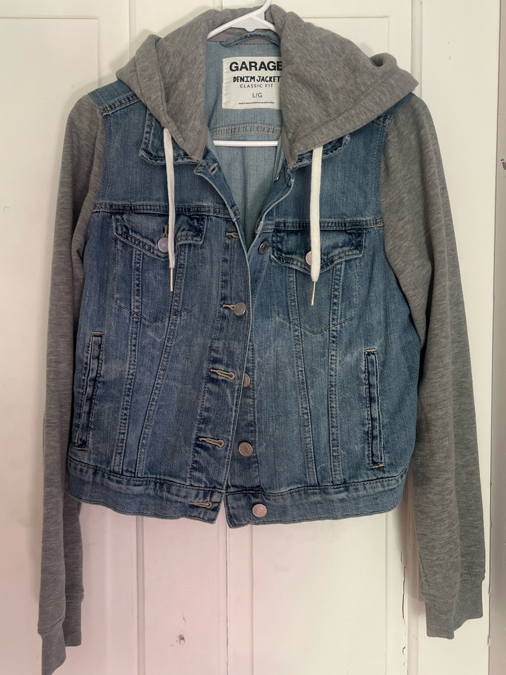 Garage Blue Denim Jacket with Gray Hoodie Sleeves